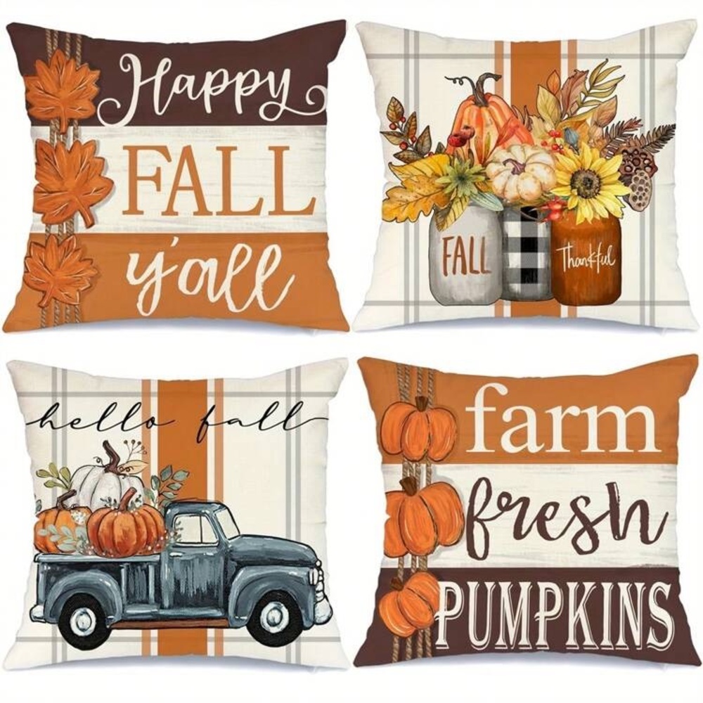 NWT- Set of 4- Super Soft- Fall- Pumpkins & Farmtruck Pillow Covers 18x18 🍁